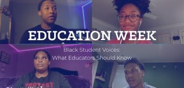 Split screen with 4 black students on screen in the process of talking about their experiences