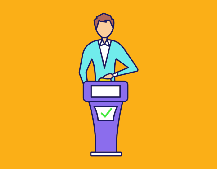 A cartoon of a person behind a game show podium.