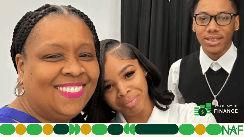 A group selfie with NAF Teacher Jasmine Palmer-Gray and two of her students, smiling.